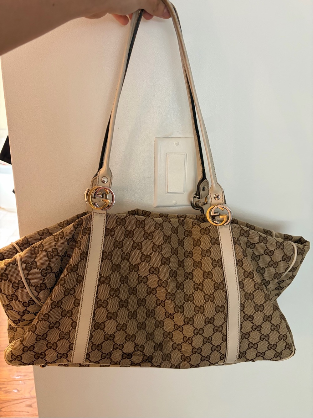 Gucci Beige GG Canvas Shoulder Bag with Cream Trim and Gold Hardware